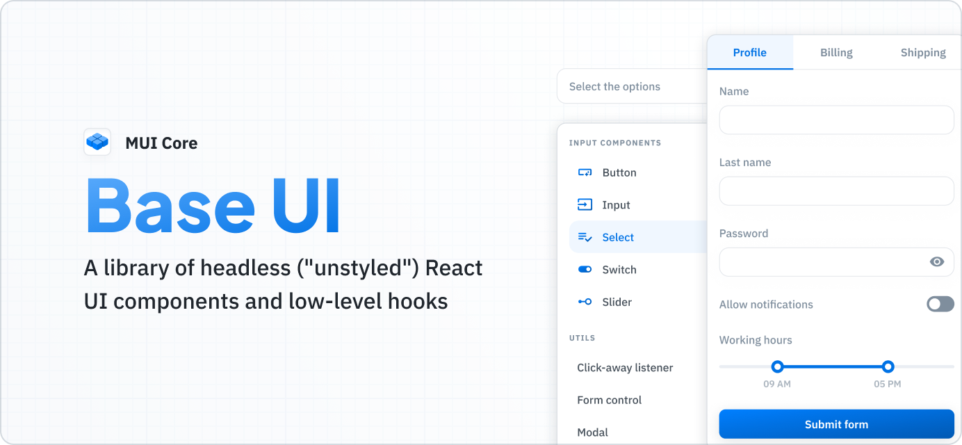 Demo components built with Base UI, a newly introduced library of unstyled components and hooks